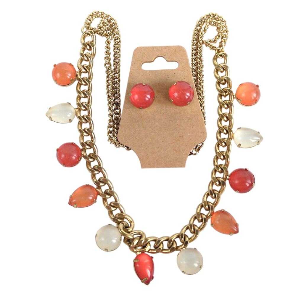 Peach & White Moonstone Goldtone Chain‎ Necklace Earring Set Boho Estate Jewelry